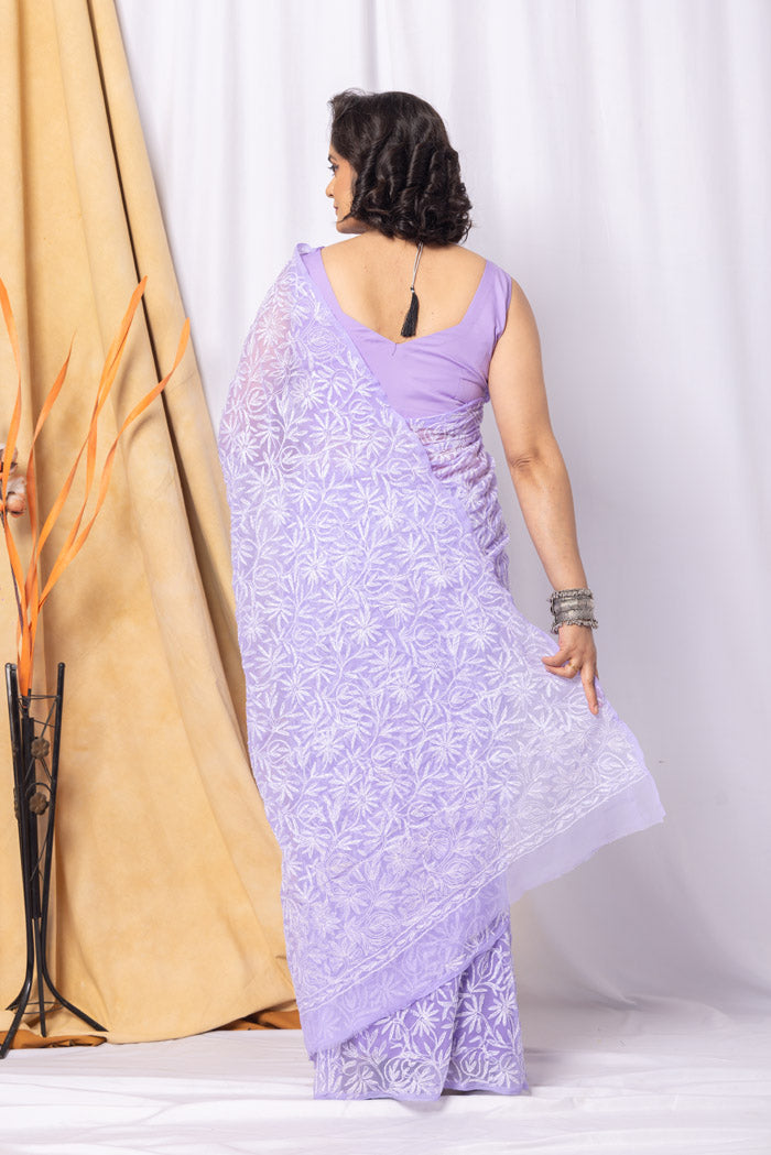 Fabnuma Handcrafted Lavender Georgette Tepchi Chikankari Saree-Blouse