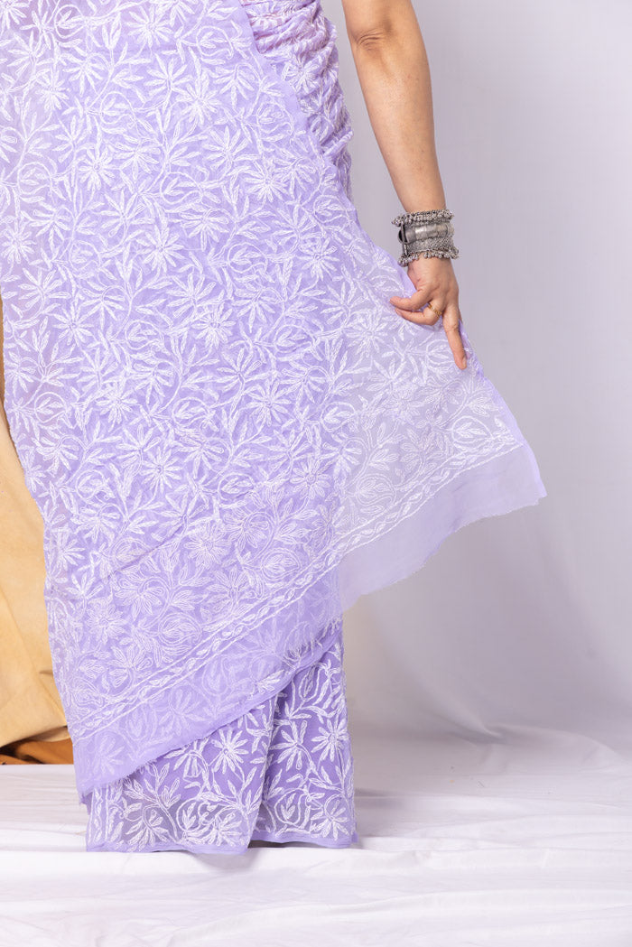 Fabnuma Handcrafted Lavender Georgette Tepchi Chikankari Saree-Blouse