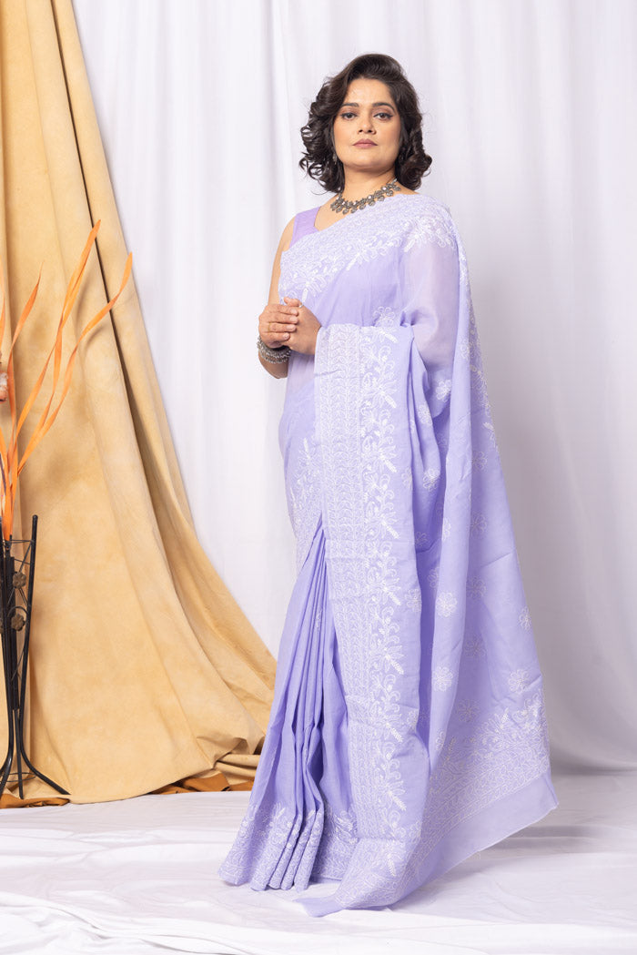 Fabnuma Handcrafted Lavender Cotton Chikankari Saree-Blouse