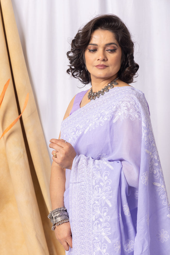 Fabnuma Handcrafted Lavender Cotton Chikankari Saree-Blouse