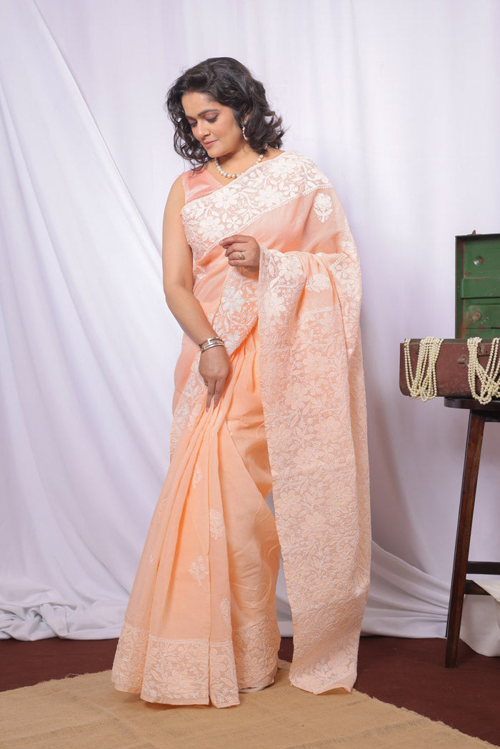 Fabnuma Handcrafted Peach Cotton Chikankari Saree-Blouse Fabnuma