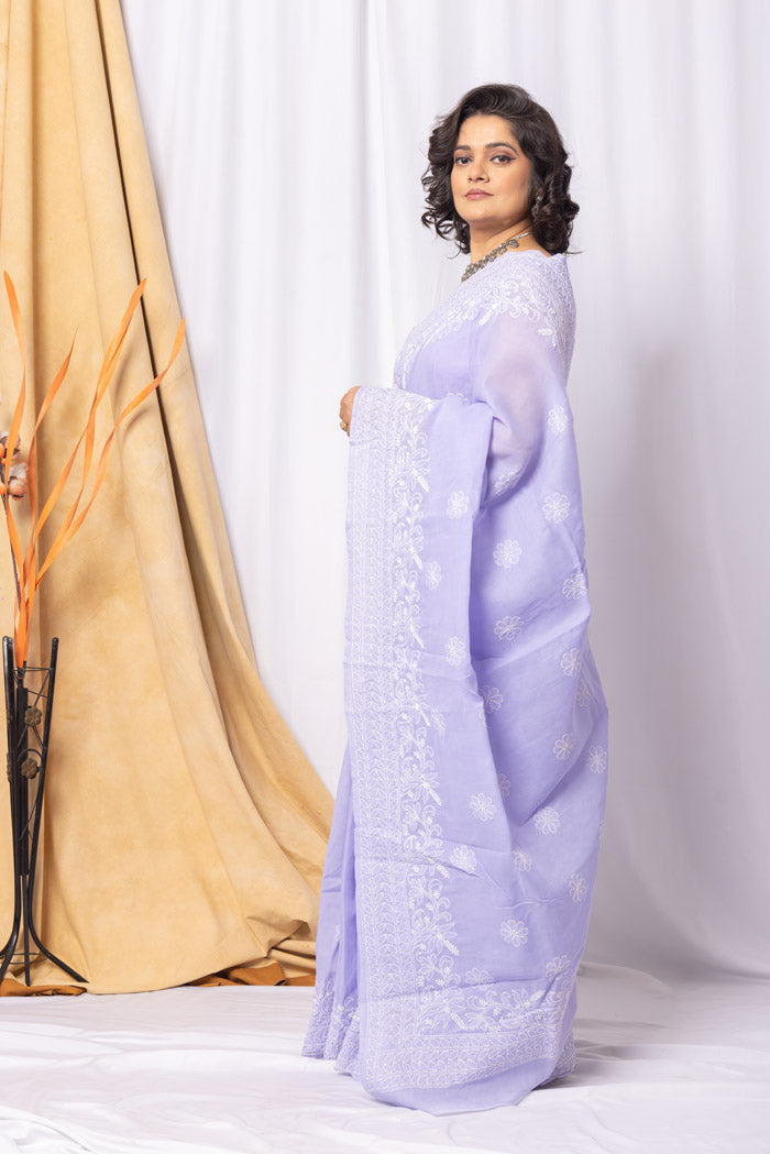 Fabnuma Handcrafted Lavender Cotton Chikankari Saree-Blouse