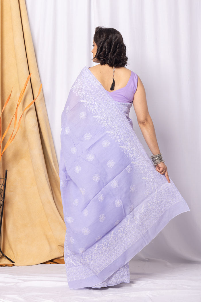 Fabnuma Handcrafted Lavender Cotton Chikankari Saree-Blouse