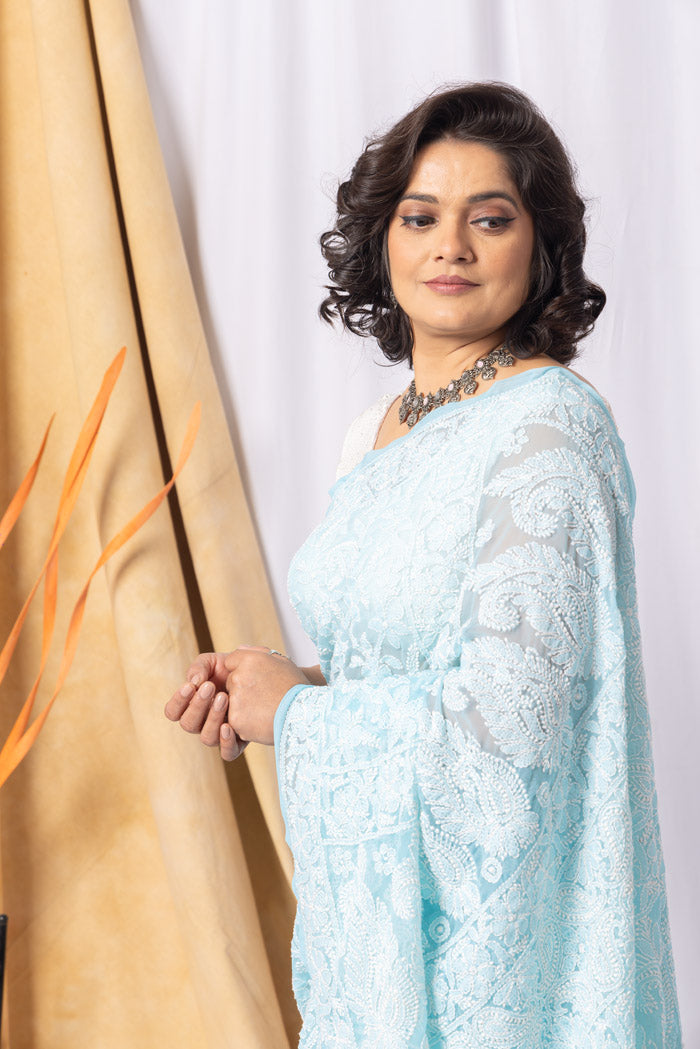 Fabnuma Handcrafted Sky Blue Georgette Allover Chikankari Saree-Blouse