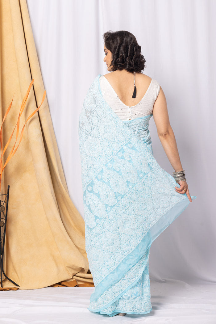 Fabnuma Handcrafted Sky Blue Georgette Allover Chikankari Saree-Blouse
