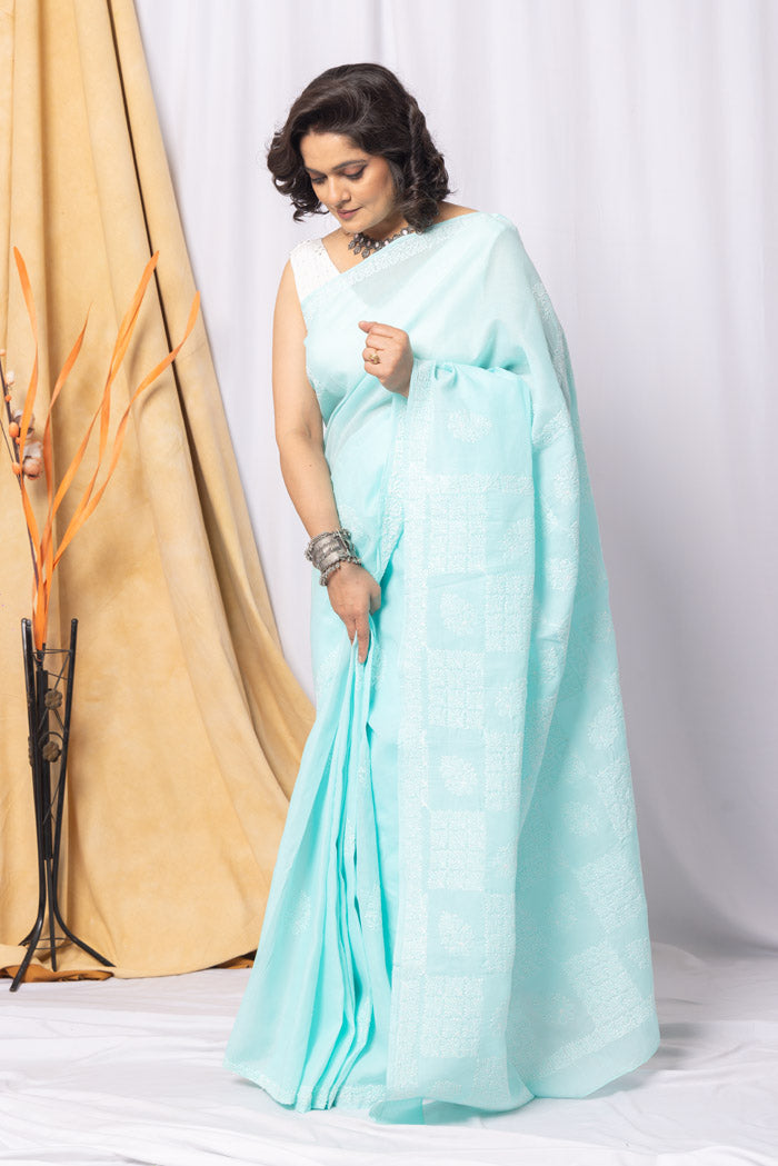 Fabnuma Handcrafted Sea Green Cotton Chikankari Saree-Blouse