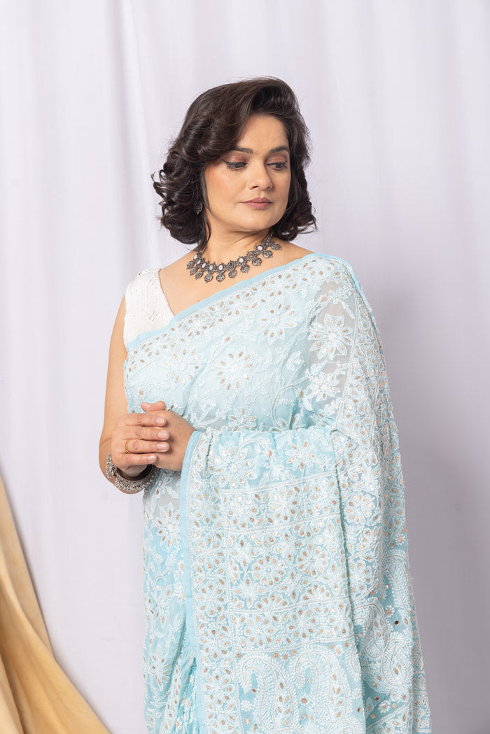 Fabnuma Handcrafted Sky Blue Georgette Chikankari Gota Patti Saree-Blouse