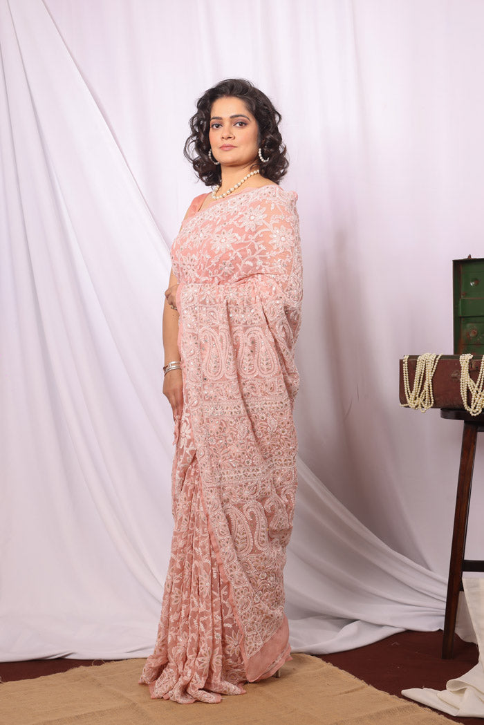 Fabnuma Handcrafted Peach Georgette Chikankari Saree-Blouse