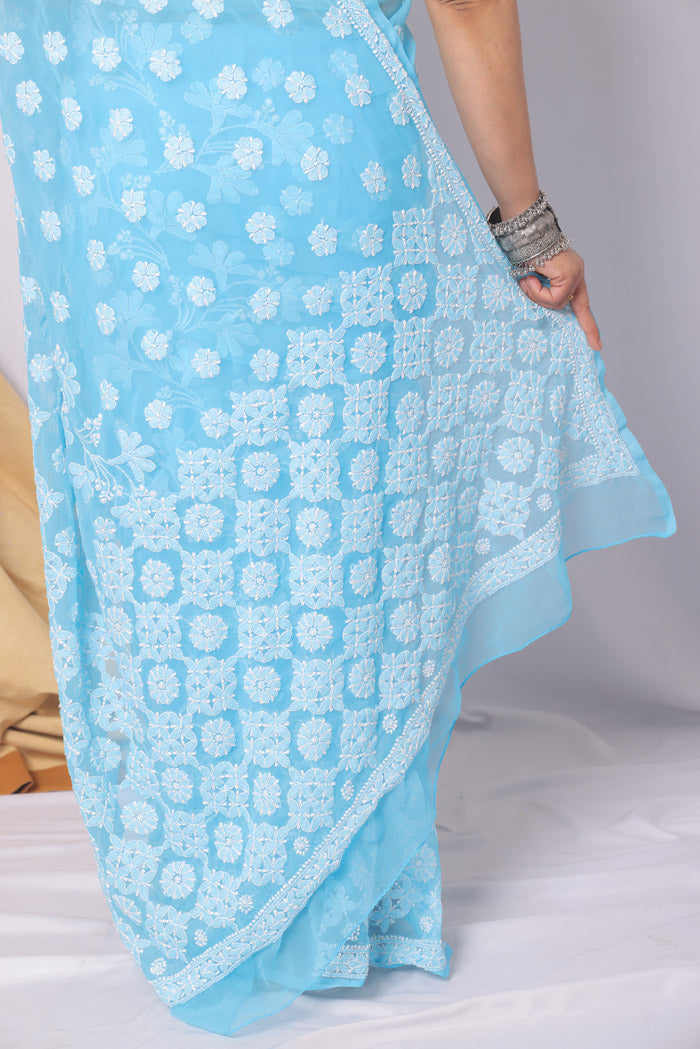 Fabnuma Handcrafted Sky Blue Georgette Chikankari Saree-Blouse