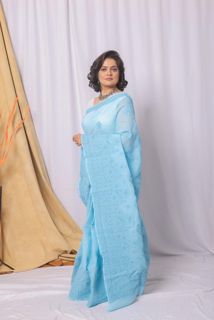 Fabnuma Handcrafted Blue Cotton Chikankari Saree-Blouse Fabnuma