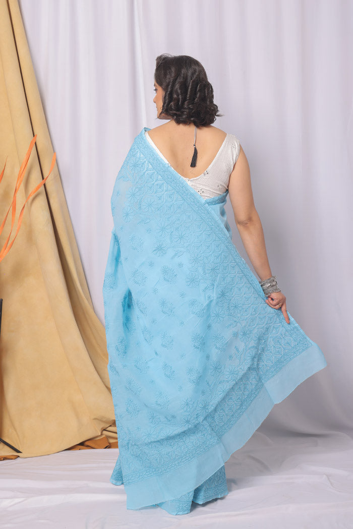 Fabnuma Handcrafted Blue Cotton Chikankari Saree-Blouse
