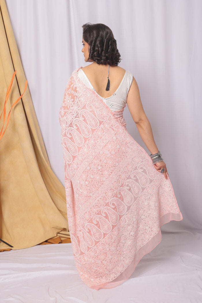 Fabnuma Handcrafted Peach Georgette Chikankari Pearl & Sequence Work Saree-Blouse