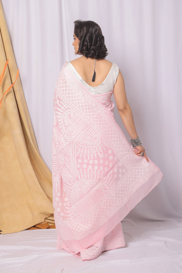 Fabnuma Handcrafted Baby Pink Cotton Chikankari Saree-Blouse