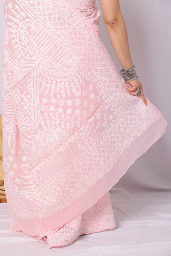 Fabnuma Handcrafted Baby Pink Cotton Chikankari Saree-Blouse