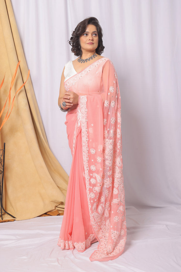 Fabnuma Handcrafted Peach Georgette Chikankari Gota Patti Work Saree-Blouse