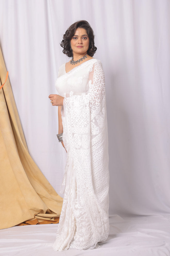 Fabnuma Handcrafted White Georgette Chikankari Saree-Blouse