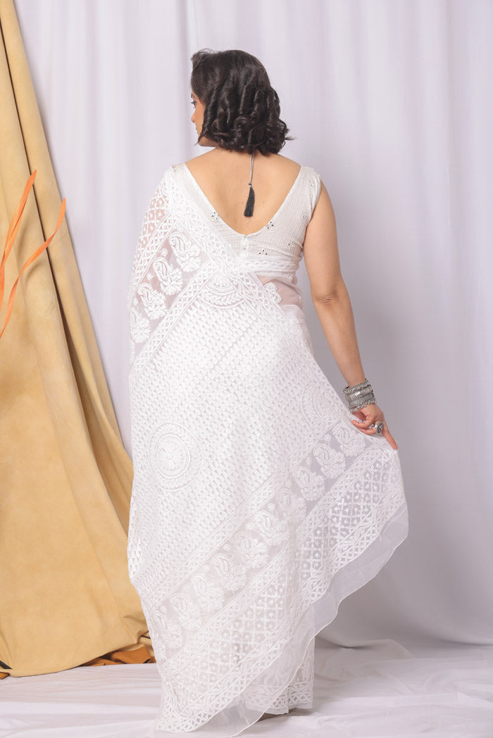 Fabnuma Handcrafted White Georgette Chikankari Saree-Blouse