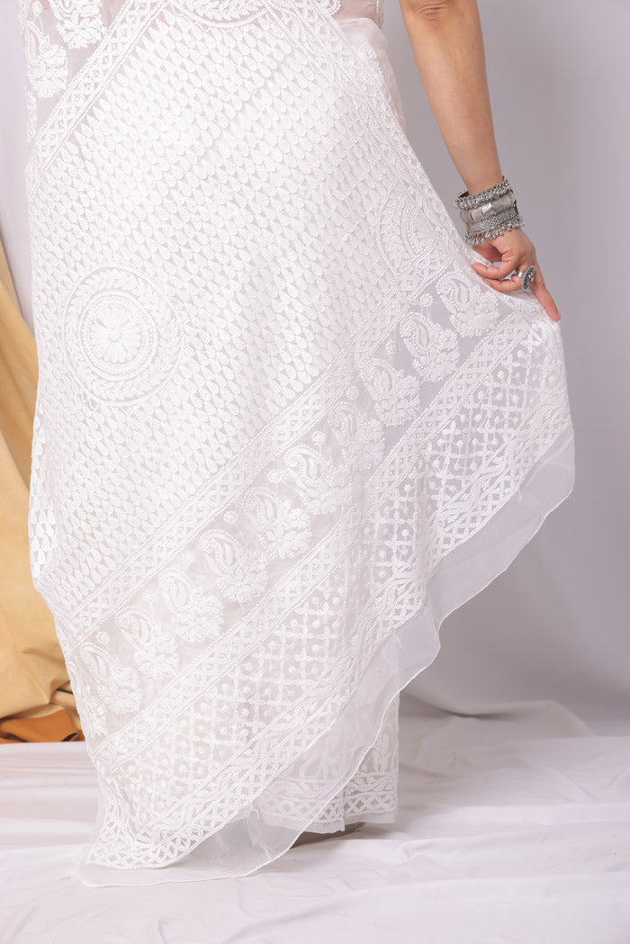 Fabnuma Handcrafted White Georgette Chikankari Saree-Blouse