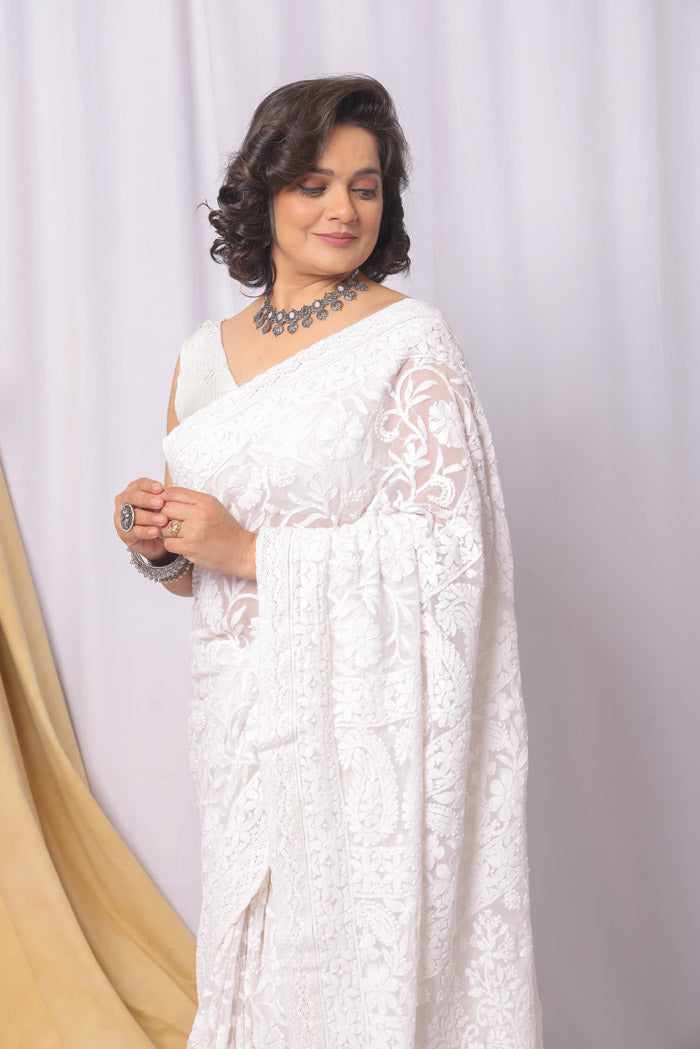 Fabnuma Handcrafted White Georgette Chikankari Saree-Blouse