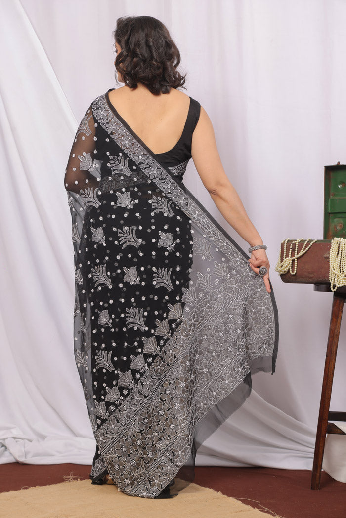 Fabnuma Handcrafted Black Georgette Bootijal Chikankari Saree-Blouse