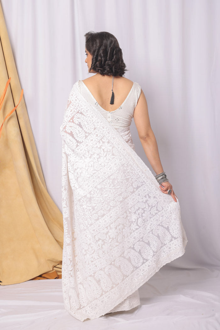 Fabnuma Handcrafted White Georgette Chikankari Saree-Blouse