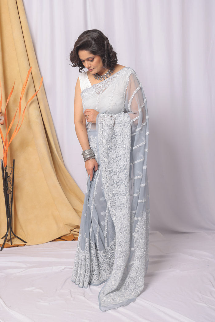 Fabnuma Handcrafted Gray Georgette Chikankari Saree-Blouse-Lucknowi Chikankari