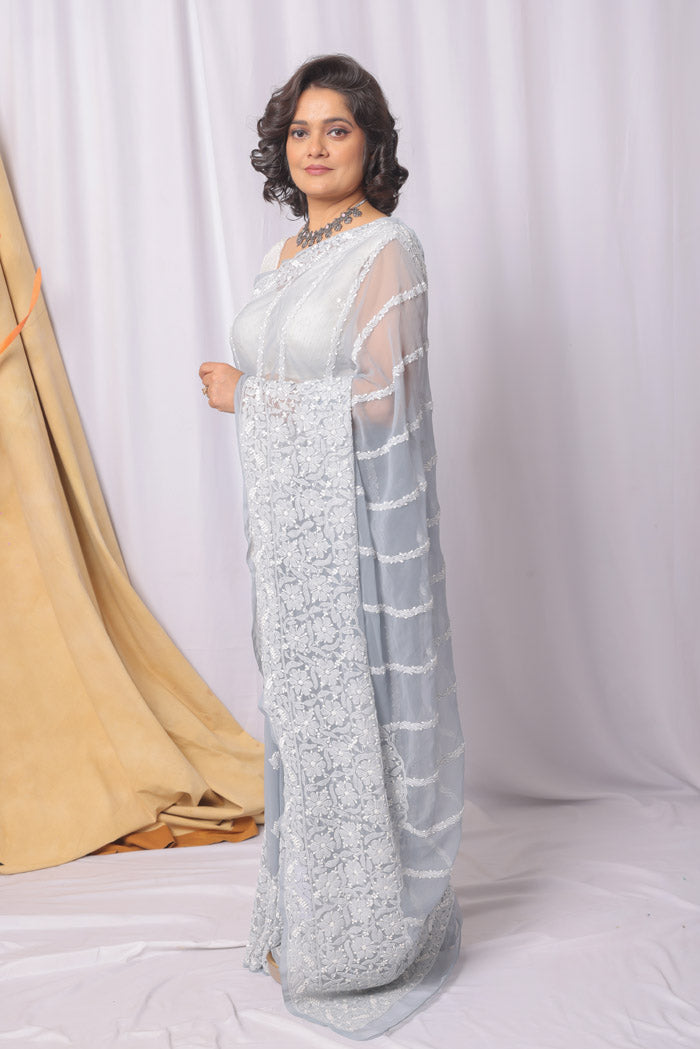 Fabnuma Handcrafted Gray Georgette Chikankari Saree-Blouse