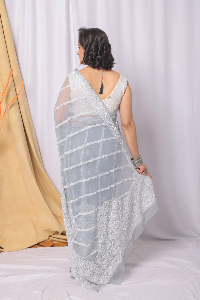Fabnuma Handcrafted Gray Georgette Chikankari Saree-Blouse