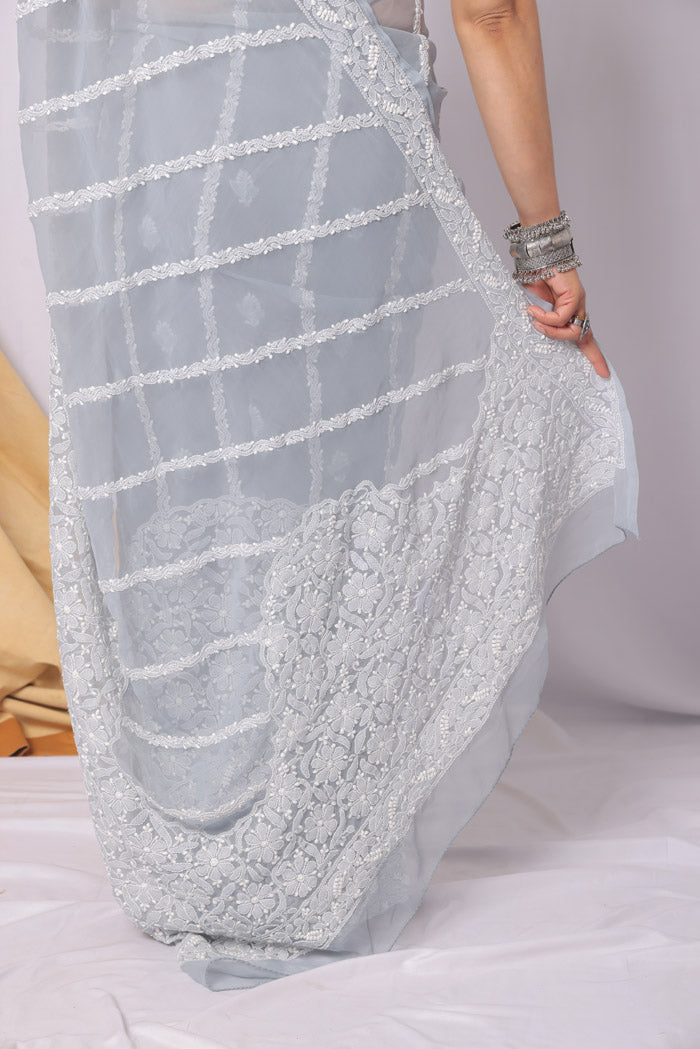 Fabnuma Handcrafted Gray Georgette Chikankari Saree-Blouse