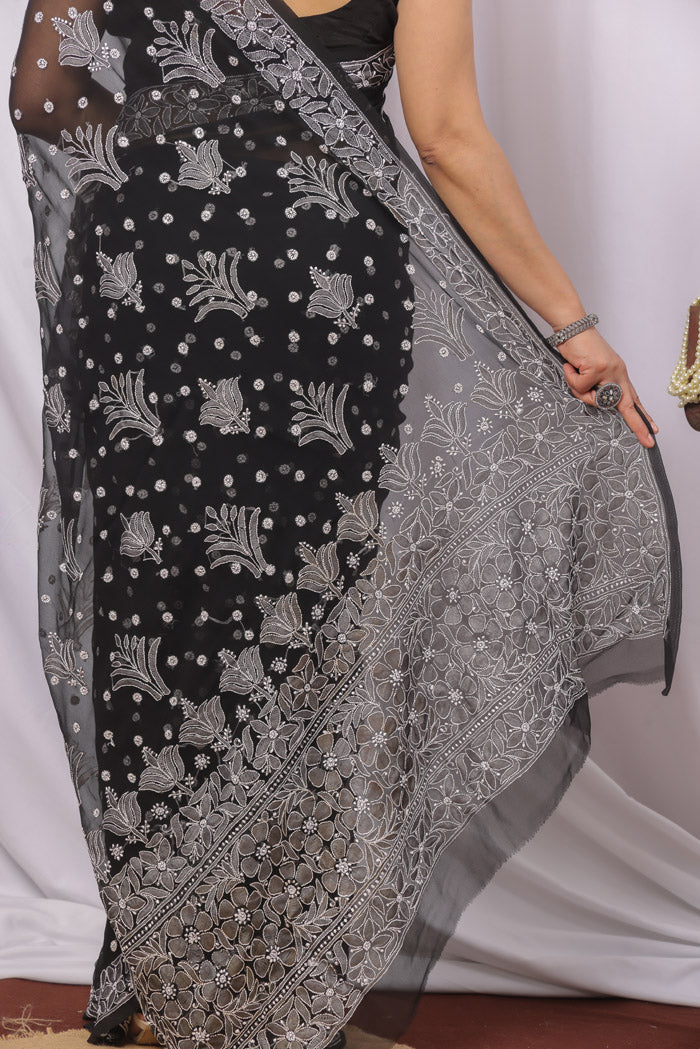 Fabnuma Handcrafted Black Georgette Bootijal Chikankari Saree-Blouse