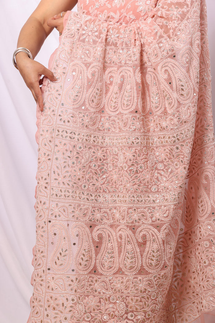 Fabnuma Handcrafted Peach Georgette Chikankari Saree-Blouse