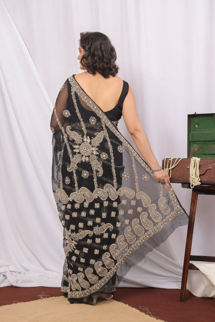 Fabnuma Handcrafted Black Georgette Chikankari Saree-Blouse