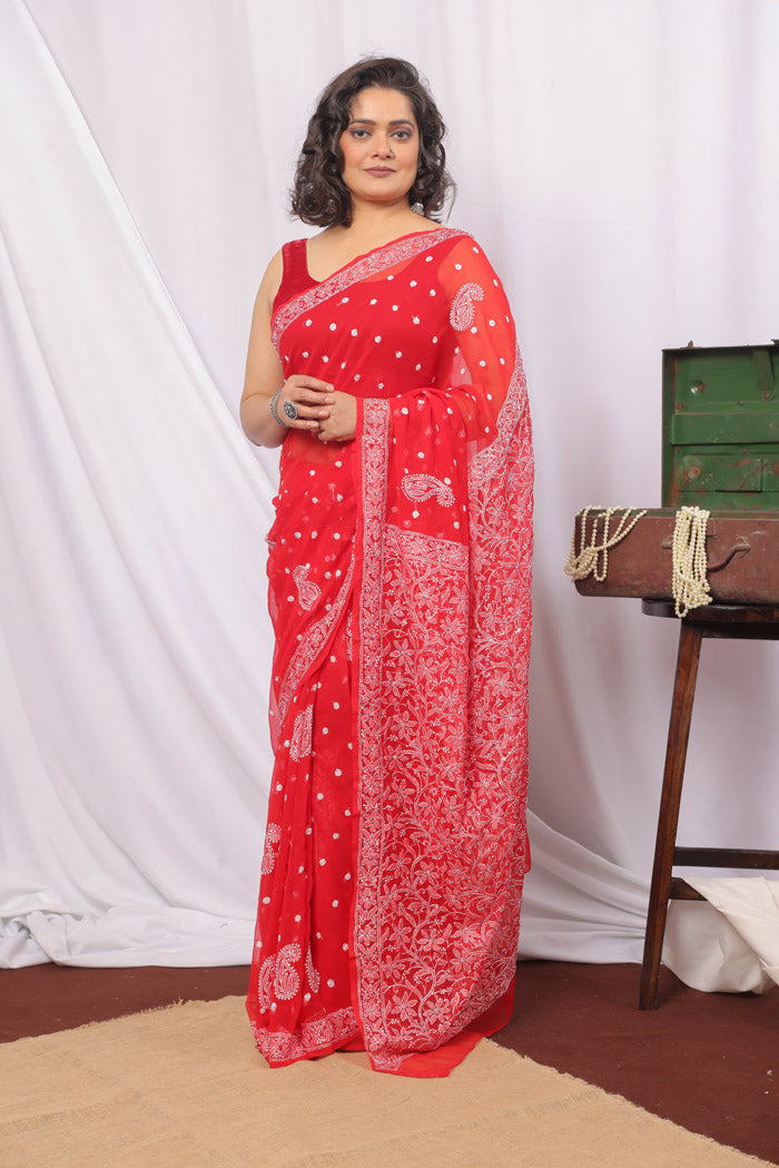 Fabnuma Handcrafted Red Booti Jaal Chikankari Saree-Blouse