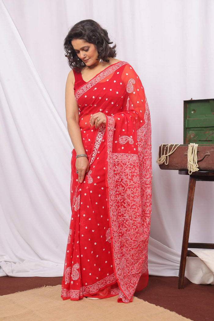Fabnuma Handcrafted Red Booti Jaal Chikankari Saree-Blouse