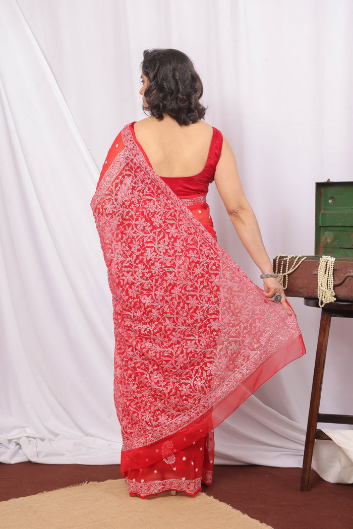 Fabnuma Handcrafted Red Booti Jaal Chikankari Saree-Blouse