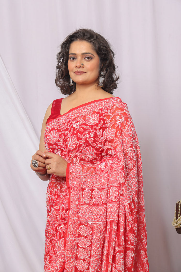 Fabnuma Handcrafted Red Georgette Chikankari Saree-Blouse