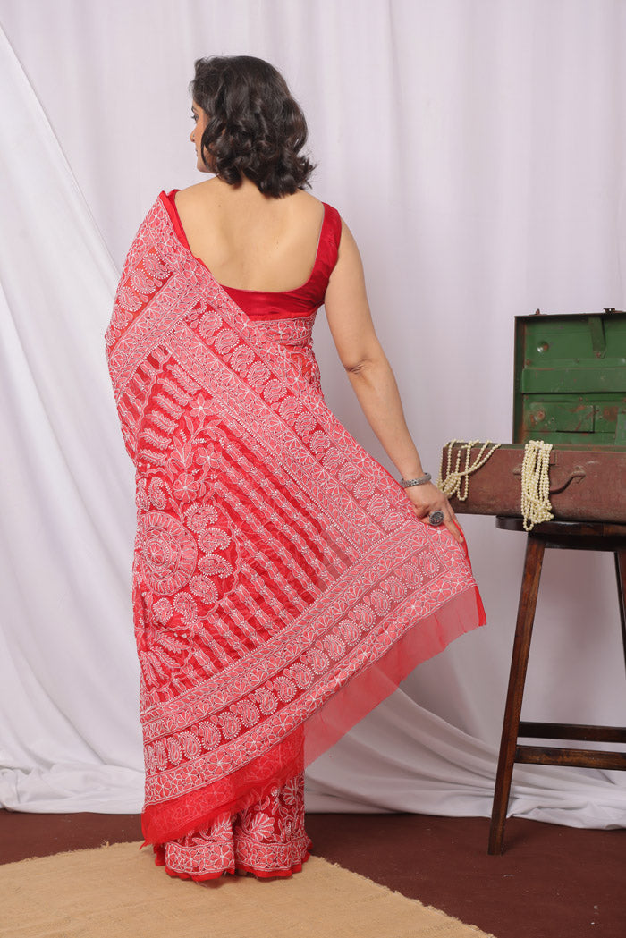Fabnuma Handcrafted Red Georgette Chikankari Saree-Blouse