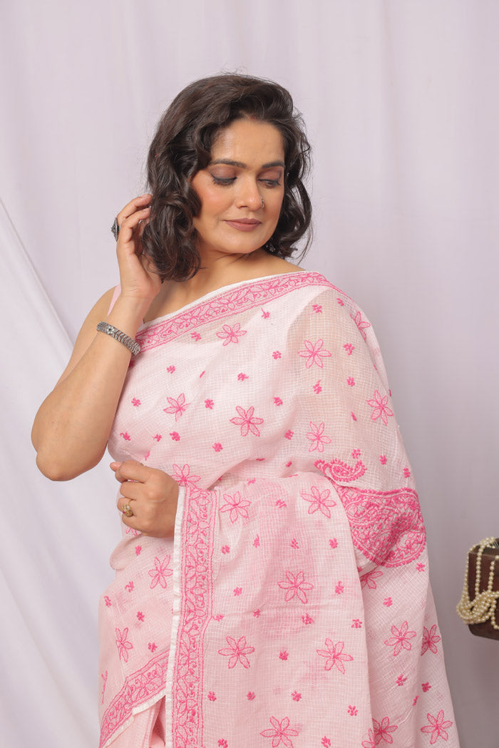Fabnuma Handcrafted Pink Kota Cotton Chikankari Saree-Blouse