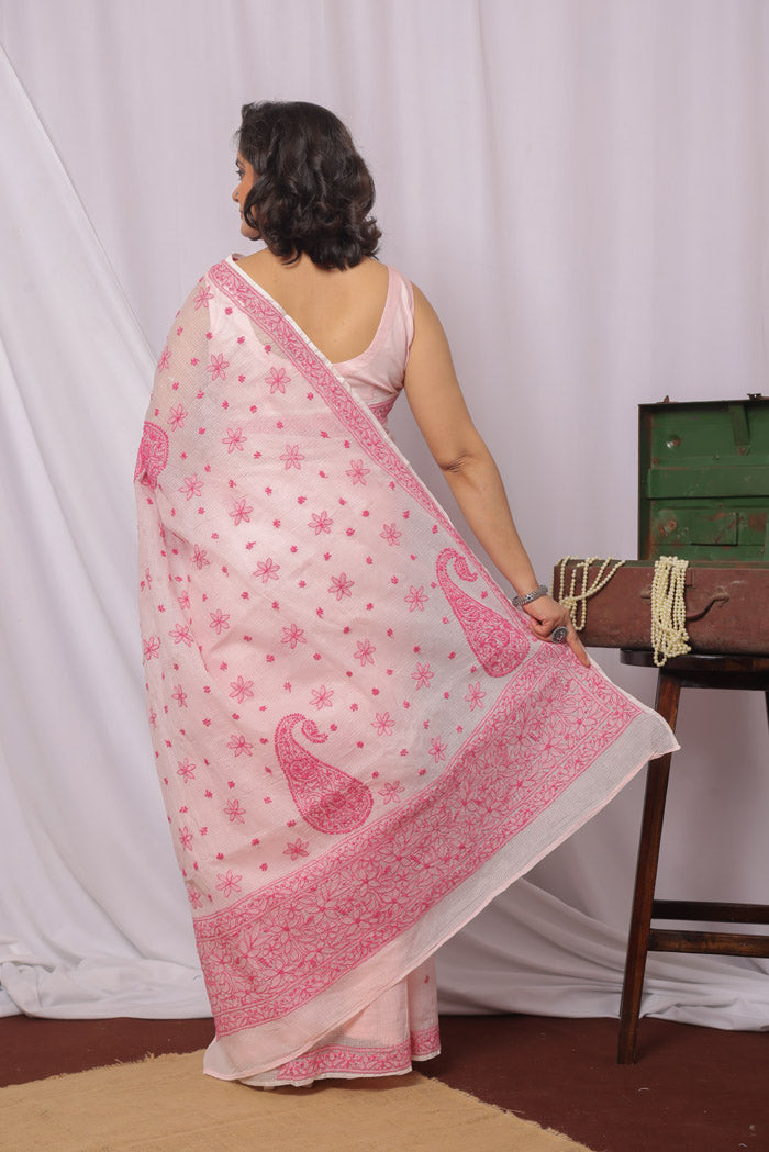 Fabnuma Handcrafted Pink Kota Cotton Chikankari Saree-Blouse