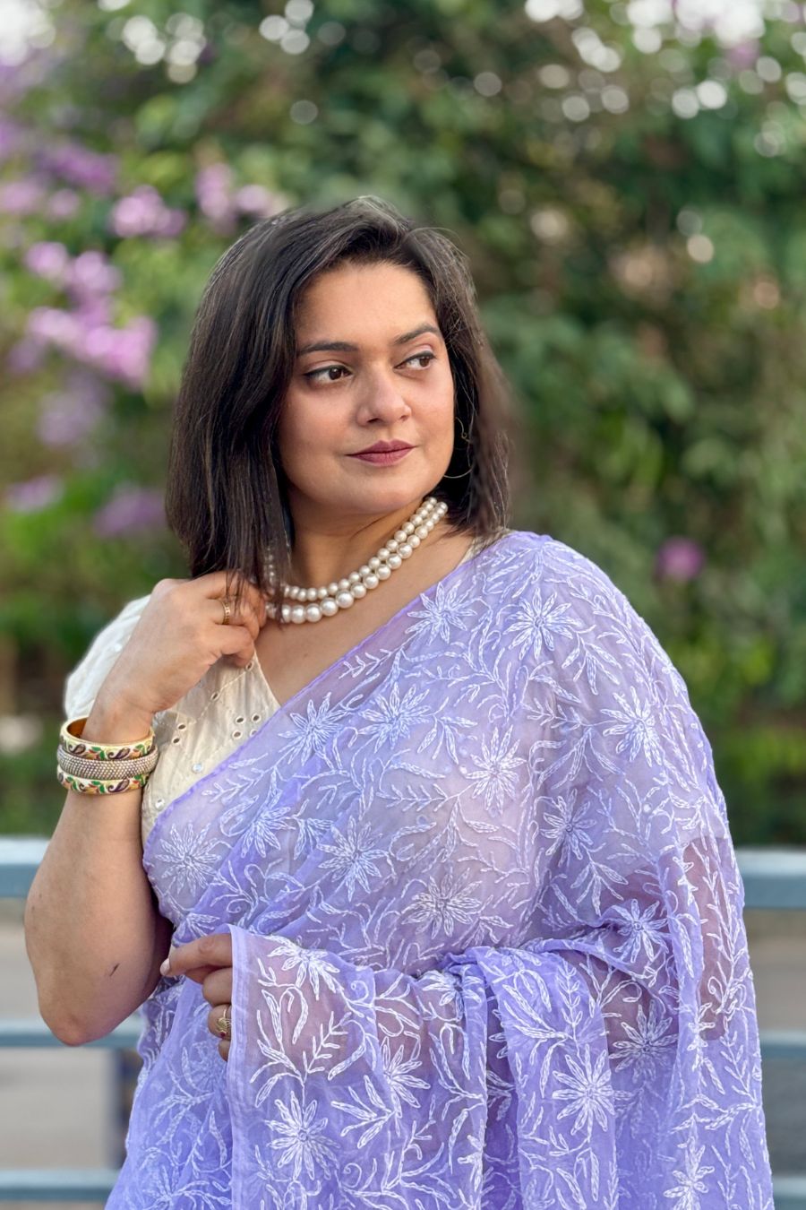 Soft georgette lavender saree texture and embroidery close-up