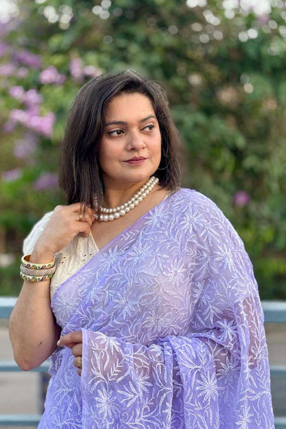Soft georgette lavender saree texture and embroidery close-up