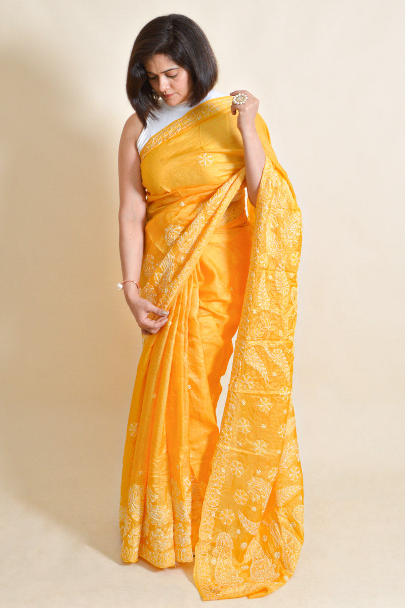 Fabnuma Handcrafted Yellow Tussar Silk Chikankari Saree-Blouse - Fabnuma