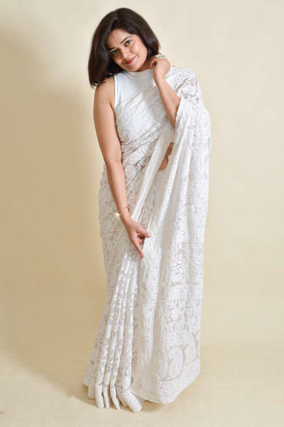Fabnuma Handcrafted White Georgette Chikankari Saree-Blouse - Fabnuma