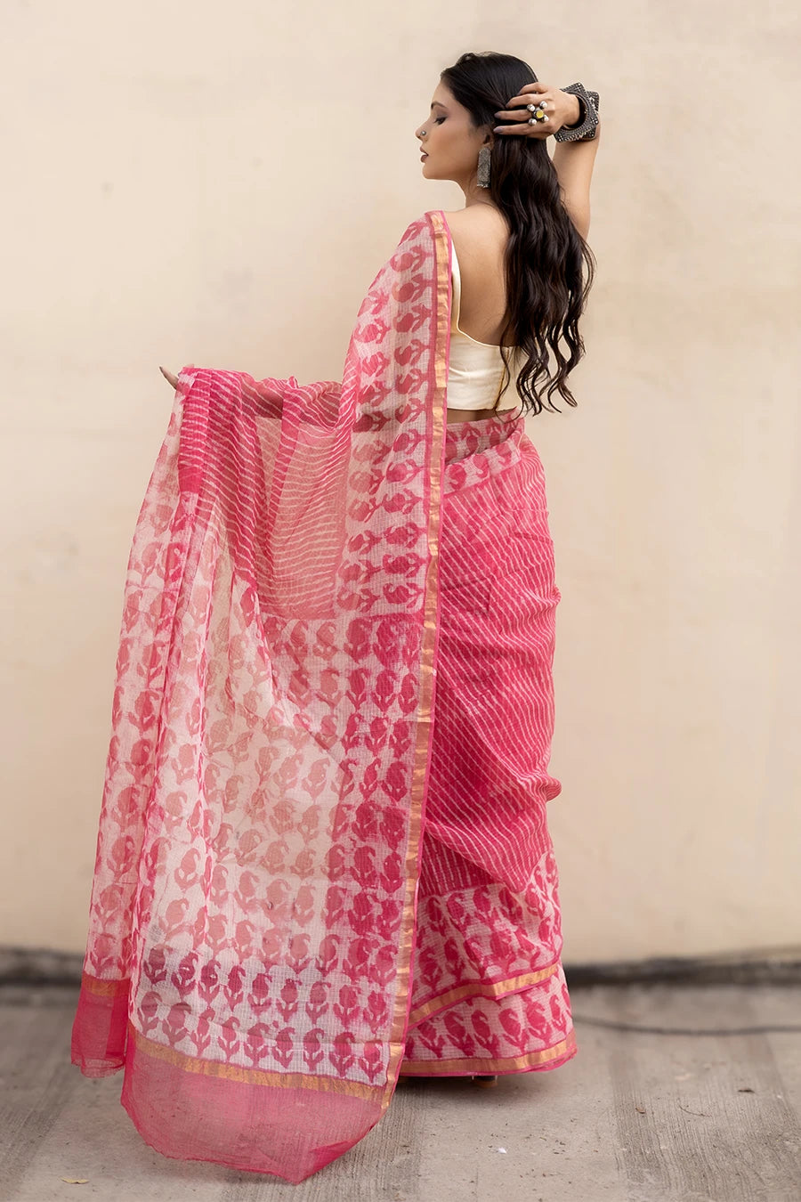 Leher Grace pink hand block printed pure kota cotton saree