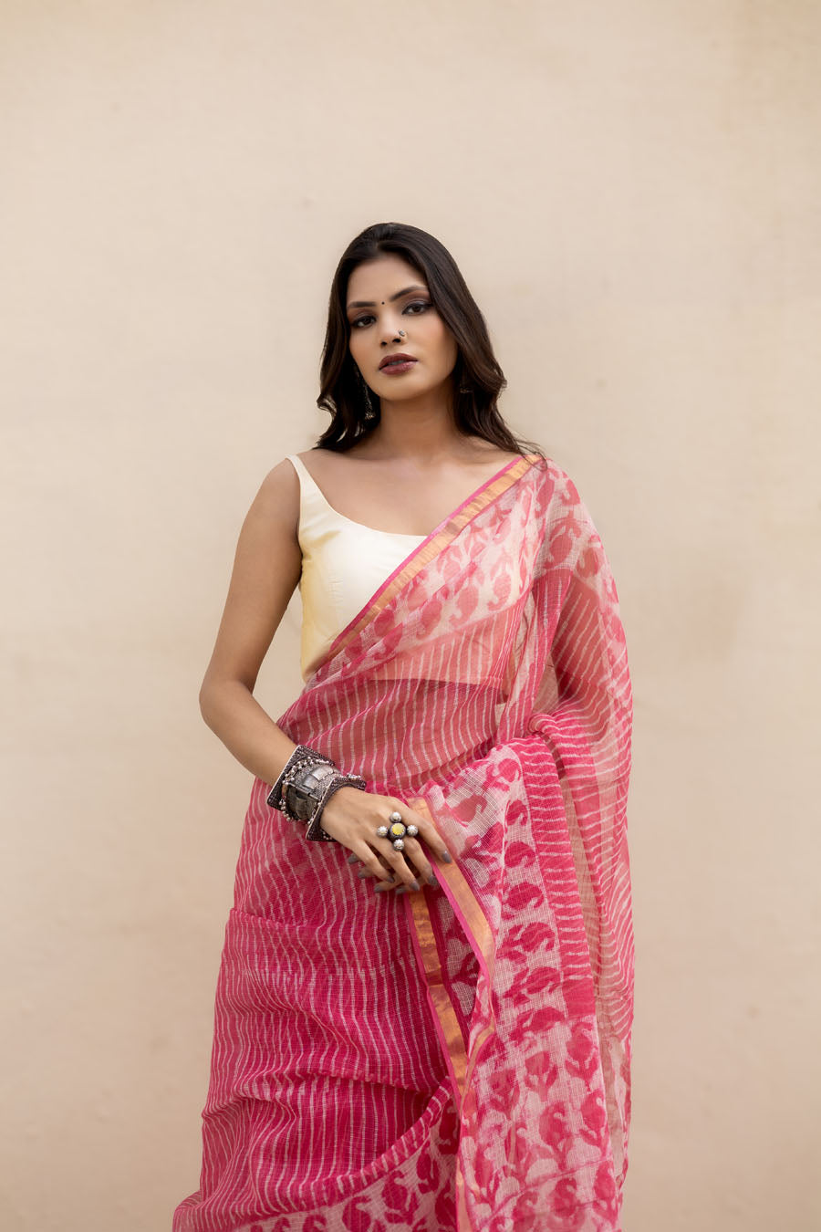 Leher Grace pink hand block printed pure kota cotton saree