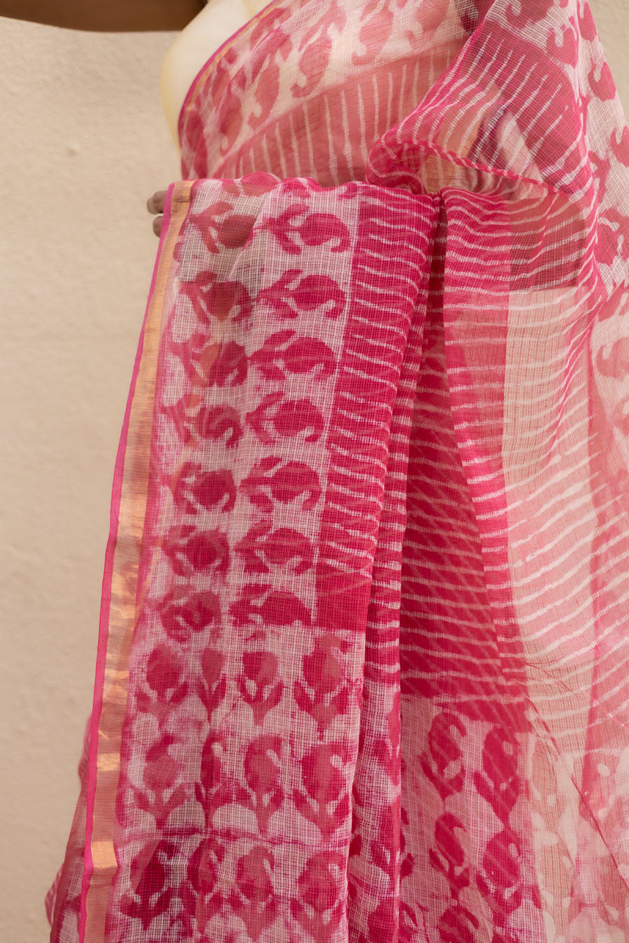 Leher Grace pink hand block printed pure kota cotton saree