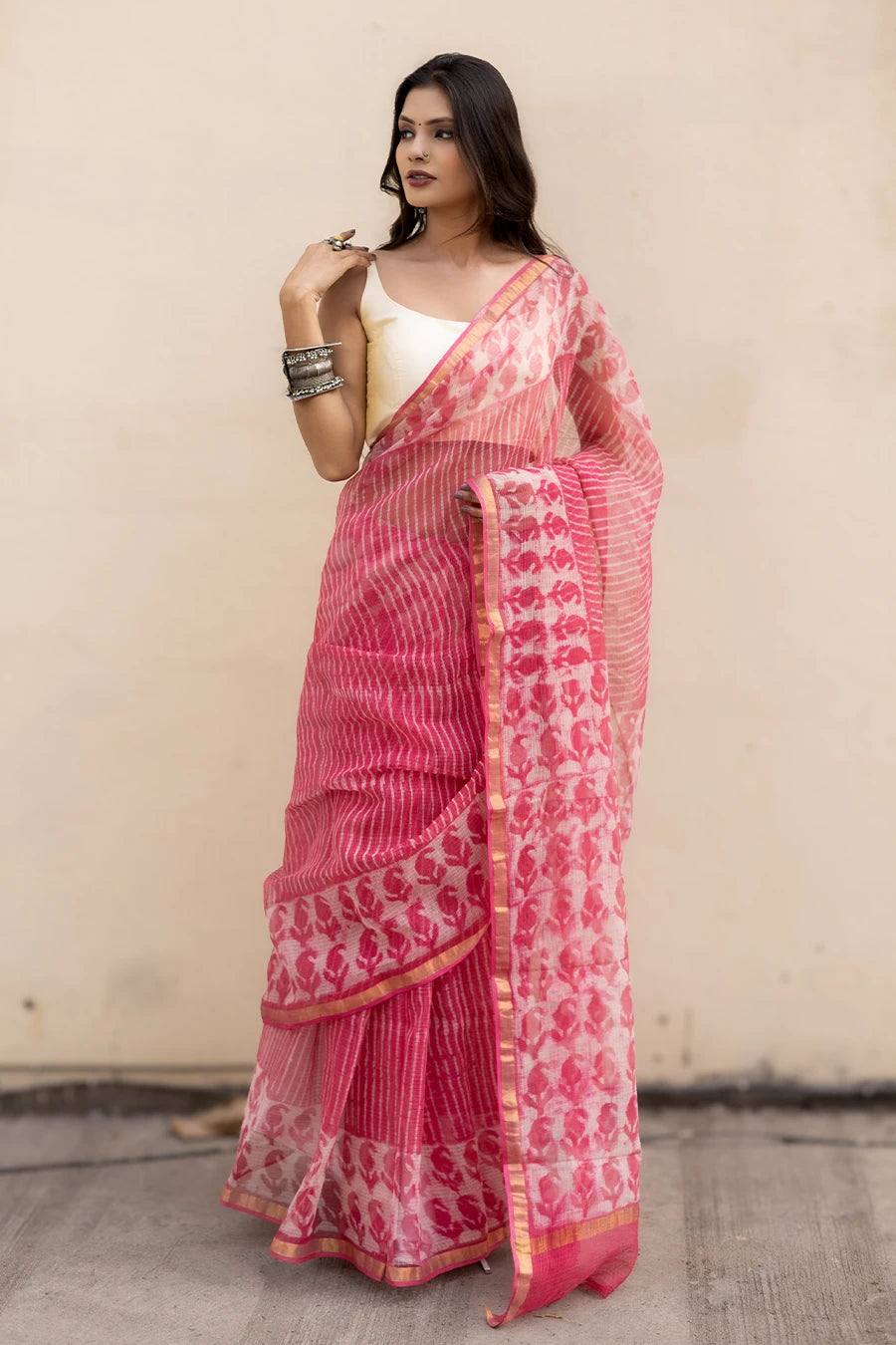 Leher Grace pink hand block printed pure kota cotton saree