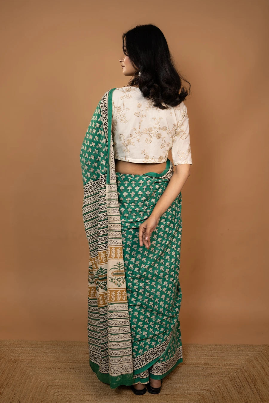 White hand block printed mulmul cotton saree