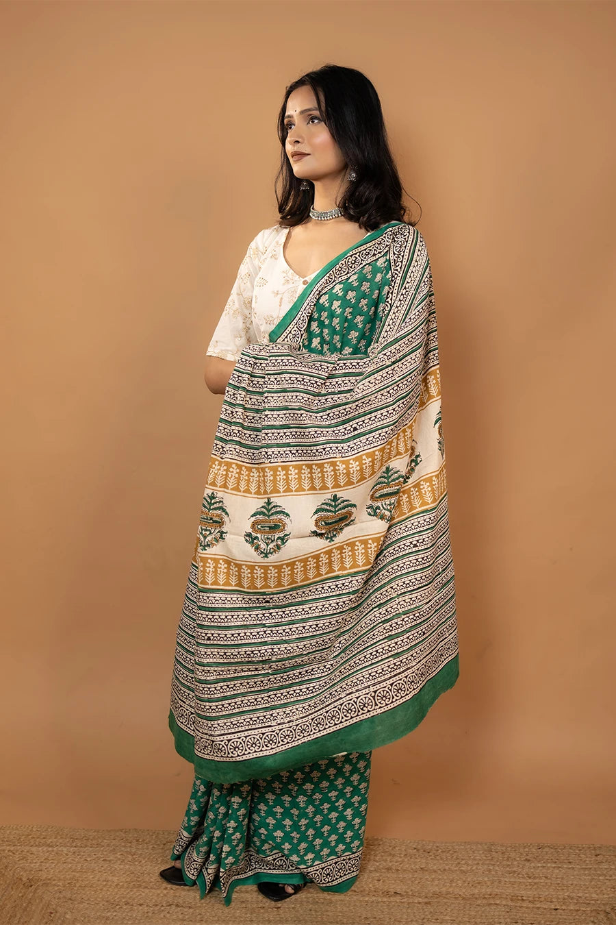 White hand block printed mulmul cotton saree