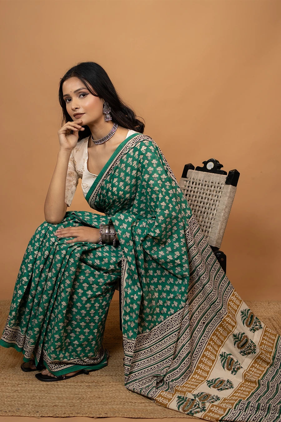 White hand block printed mulmul cotton saree